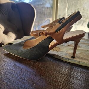Nine West denim and tan heels, size 9.5M